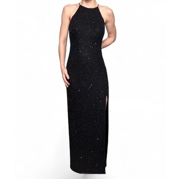 Vintage Y2K Marina B Black Beaded Halter Style Long Dress Leg Slit Size 9/10 - Picture 2 of 8